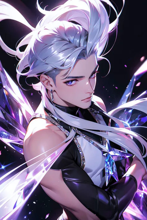 1 menino, cabelo prateado esvoaçante, diamantes, brilhante, cristais, Glamouroso, pop star, KDA_Todos_fora, tiro na parte superior do corpo, Arte inicial de League of Legends,  