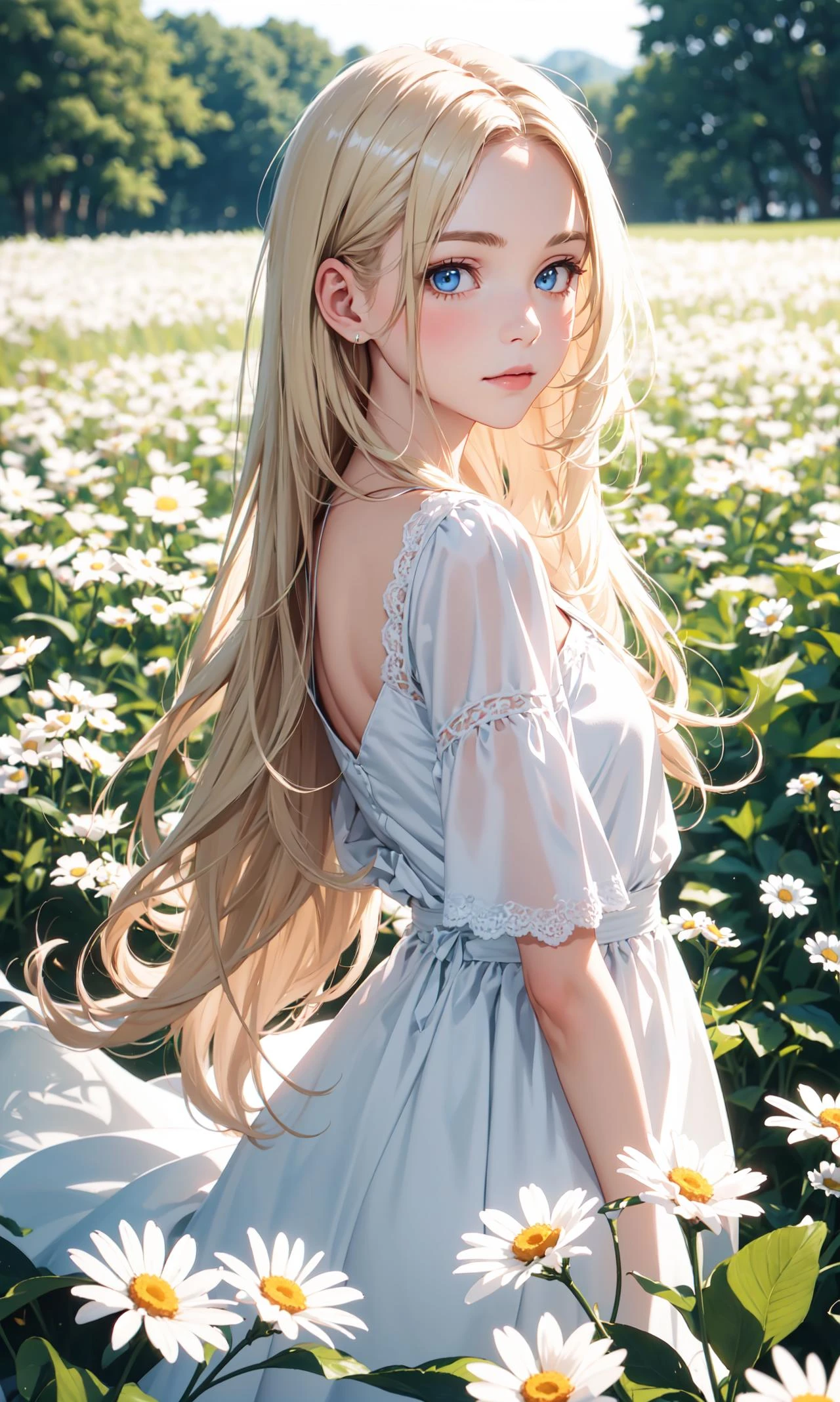 1 chica,en un campo de flores,flor blanca,mirando al espectador,blue eyes,pelo rubio,margarita,pelo largo,vestido blanco puro,