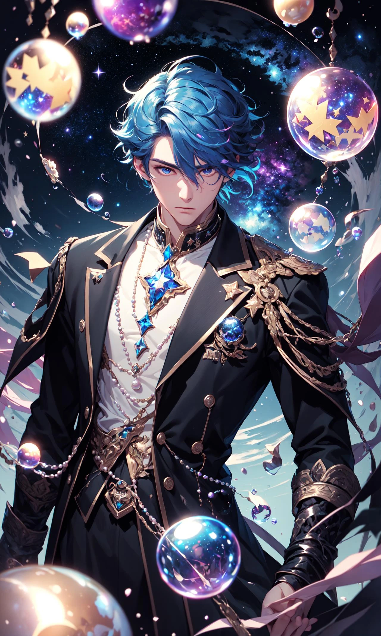 male focus,beautiful detailed glow,detailed ice,beautiful detailed water, (floating palaces:1.3),(((ice crystal texture wings))),stars in the eyes, messy floating hair, colored inner hair, Starry sky adorns hair, (lots of big colorful Bubble), (pearl), (Galaxy), depth of field,
