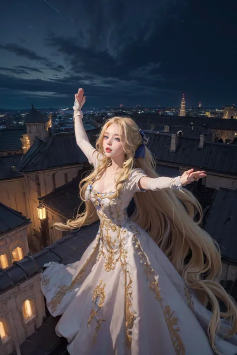 a woman in a white dress standing on top of a building