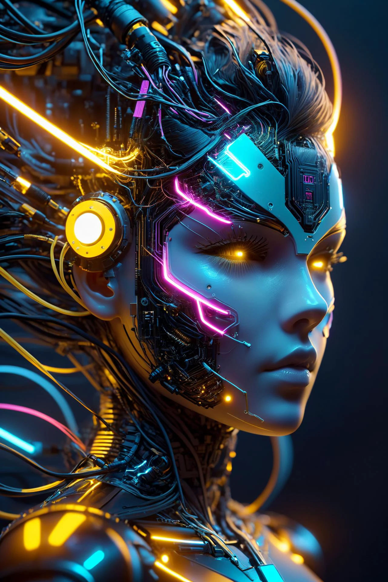 the head of a female cyborg, by Ralph McQuarrie, by Aaron Horkey, neon yellow lightning, neon teal lightning, neon magenta lightning, cables, wires, synthwave, vaporwave, retro futurism, circuitboard, dark futuristic, DonMW15pXL, floating, astral ziprealism, (masterpiece:1.2), best quality, (hyperdetailed, highest detailed:1.2), high resolution textures, 