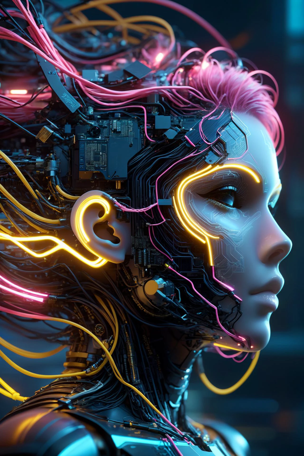 女機器人的頭, 拉爾夫‧麥誇裡, 作者：亞倫‧霍基, 霓虹黃色閃電, 霓虹青色閃電, 霓虹洋紅色閃電, 電纜, 電線, 合成波, 蒸氣波, 復古未來主義, 電路板, 黑暗未來派, 唐MW15pXL, 漂浮的, 星界拉鍊寫實主義, (傑作:1.2), 最好的品質, (超詳細的, 最詳細的:1.2), 高解析度紋理, 