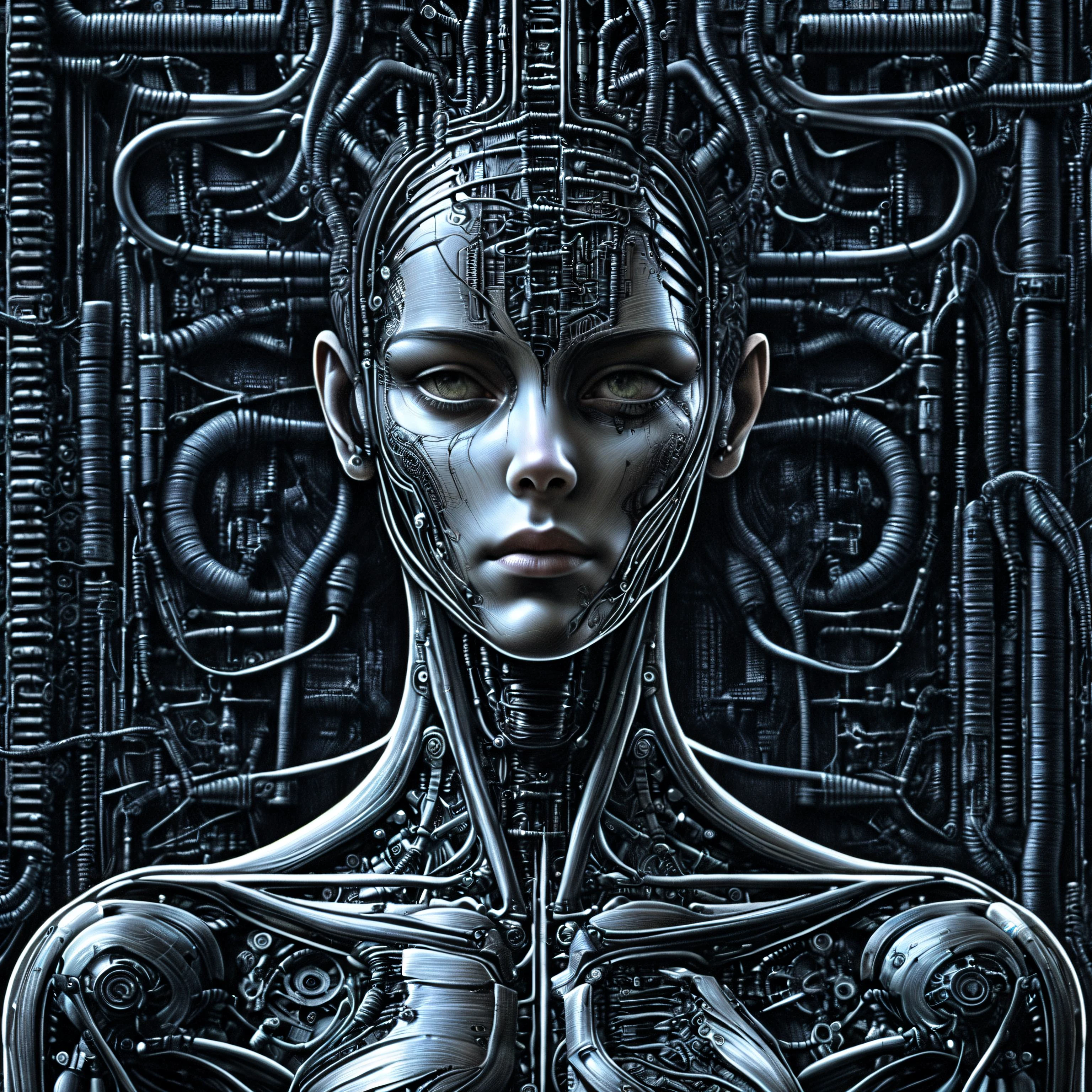 woman by HR Giger,  neon lights circuitboard, dark futuristic, Biomech, ink drawing, anatomical, Da_Vinci, vitruvian, science fiction, cable, (masterpiece:1.2), best quality, (hyperdetailed, highest detailed:1.2), high resolution textures, 