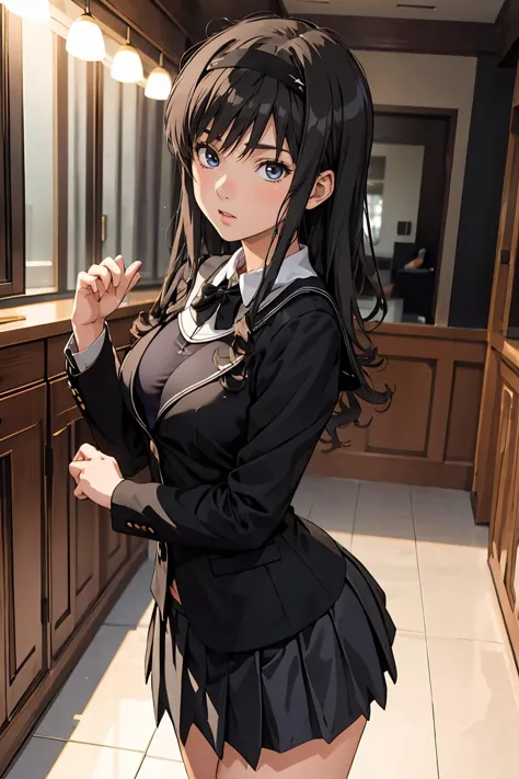 anime girl in a school uniform posing in a kitchen