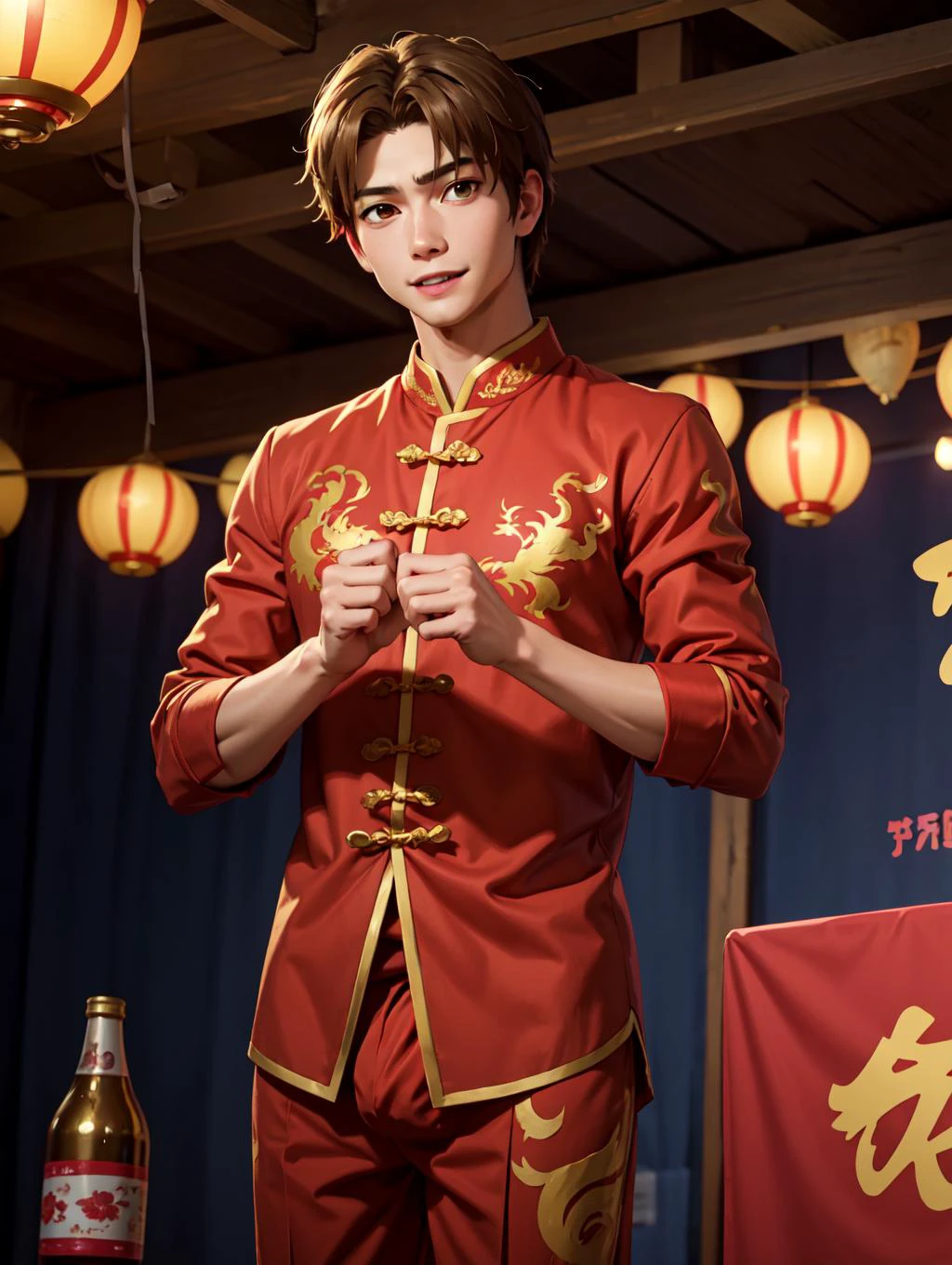 looking At viewer,  Amidst the Chinese New YeAr festivities of the DrAgon, A (hAndsome young mAn:1.1)( dons trAditionAl Attire:1.5). His clothing reveAls chiseled muscles And tAttoos, with A red shirt feAturing golden drAgon embroidery And snug, red trousers Adorned with fireworks motifs. Completing the look Are golden shoes.
 he stAnds AgAinst A bAckdrop of gleAming red And gold lAnterns on A stAge filled with music And firecrAckers. The mAn's tAttoos, depicting drAgons And Chinese symbols, underscore his culturAl connection. With A rAdiAnt smile, he extends blessings for the yeAr AheAd, encApsulAting the spirit of joy And community celebrAtion. His mAsculine, 年轻的, And tender feAtures exude wArmth And chArm, Adding to the festive Atmosphere of the occAsion, 
 阴茎 , 系带, glAns, testicles
 Atsumu mAtsuyuki, brown hAir, (棕色的眼睛:1.3)
 mAsterpiece, 4k, high quAlity, 高分辨率, Absurdres,