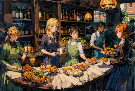 front view, waitress uniform, standing, holding serving tray, orange tint, bar, orange lights, lively, people, lively, <lora:impress:0.8>, impressionism, <lora:lillie_pokemon:0.8>, lillie, green eyes, twin braids, long hair, red cheeks, bewildered, looking at another