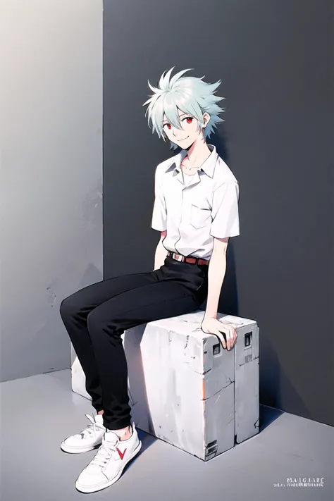 anime boy sitting on a suitcase with a white shirt and black pants