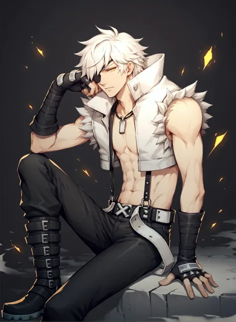 score_9, score_8_up, score_7_up, source_anime, 1boy,  solo, whitesmith-ro, open clothes, fur trimmed shirt, belt, suspenders, sl...