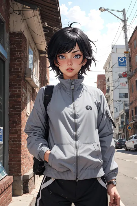 1girl, (tomboy:1.5), black hair, messy hair, grey eyes, residential area, crew neck, crew cut, unzipped jacket, piercing, 
maste...