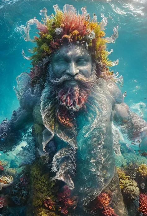 aesthetic, transparent watce skin,(muscular:1.2) Poseidon dancing, weathered face, glowing eyes,(long beard:1.2), (looking at viewer:1.2), happy, wearing a  ral-mndlbrt crown of colorful corals, clear, huge waves in background, coral floor, sunny outdoors, symmetry
