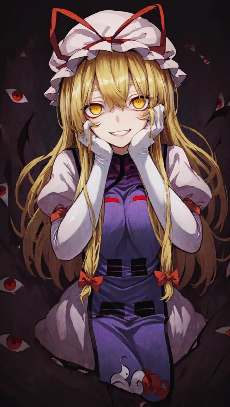 yakumo yukari, (gap \(touhou\):1.3), (multiple eyes:1.1), solo, smug, wide grin, yandere, yandere trance, constricted pupils, hands on own face, blonde hair, long hair, floating hair, yellow eyes, mob cap, purple tabard, bow frills, white elbow gloves, glowing eyes, (torn background:1.1), purple, <lora:gaptouhou:1> <lora:yandere_trance:0.6>