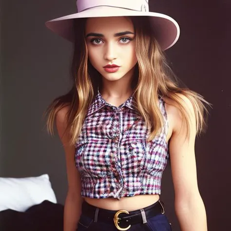 a close up of a woman wearing a hat and a shirt