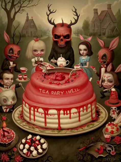 Raw photo of tea party in hell, photo by Mark Ryden and drdjns,  <lora:drdjns:1>,  <lora:Mark_Ryden:1>