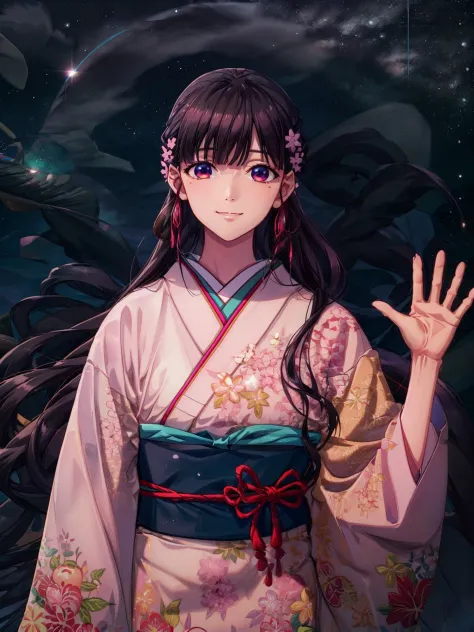 MIYOSAIMORI, 1fille, seulement, regarder le spectateur, agitant la main, lever la main, sourire,  Kimono rose, vêtements japonais, ceinture, ornement de cheveux, manches longues, fleur de cheveux, manches larges, fond de ciel étoilé, contexte détaillé, 