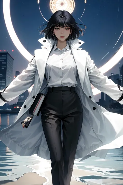 (masterpiece, best quality:1.2), intricate details, <lyco:GoodHands-beta2:1>, <lora:han_sooyoung-000012:1>, han sooyoung, 1girl, bangs, white coat, black shirt, long sleeves, pants