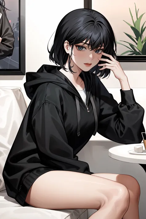 anime girl sitting on a couch with a cup of coffee