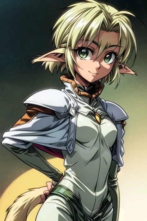 best quality, ultra-detailed, (1girl, solo,fam, blonde hair, (green eyes:1.5), pointy ears, dark skin, dark-skinned female, elf, long pointy ears, tail, Gebler-Uniform, Brutal smile, Narrow eyes), dark background, ng_deepnegative_v1_75t, easynegative