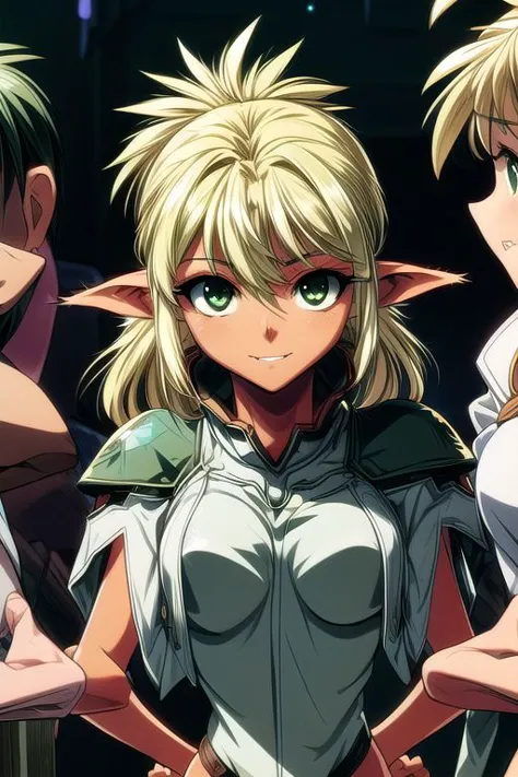 best quality, ultra-detailed, (1girl, solo,fam, blonde hair, (green eyes:1.5), pointy ears, Tanned, Tan Skin, Dark skin, Dark-skinned female, elf, long pointy ears, tail, Upper Teeth, Seductive Eyes, Scarf, lean on table, Brutal smile, hands behind back, Narrow eyes, Gebler-uniform dark background, ng_deepnegative_v1_75t, easynegative