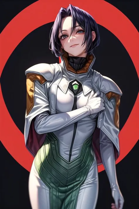 a woman in a white suit and green cape standing in front of a red circle