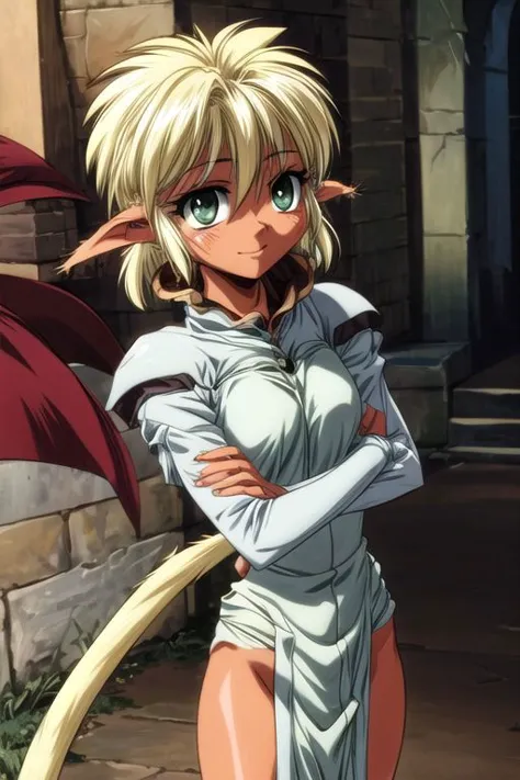 best quality, ultra-detailed, (1girl, solo,fam, blonde hair, (green eyes:1.5), pointy ears, dark skin, dark-skinned female, elf,...