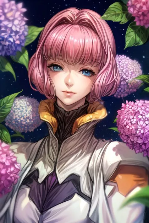 masterpiece, best quality, best quality, ultra-detailed, highres,sharp focus,(ultra detailed,extremely detailed), <lora:lemrina:1>,
lemrina vers envers, 1girl, solo, flower, dress, blue eyes, bob cut, short hair, pink hair, blunt bangs, smile, bangs, hydrangea,long sleeves, grass, upper body, (Gebler-uniform), high heels, (Brutal smile, Narrow eyes),