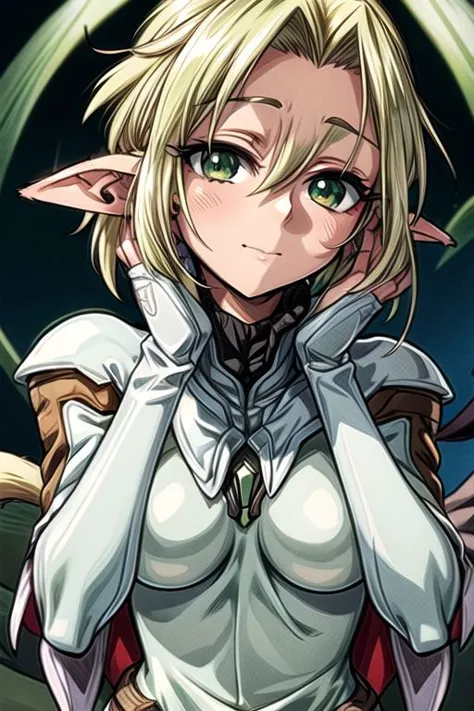 best quality, ultra-detailed, (1girl, solo,fam, blonde hair, (green eyes:1.5), pointy ears, dark skin, dark-skinned female, elf, long pointy ears, tail, Gebler-Uniform, Brutal smile, Narrow eyes), dark background, ng_deepnegative_v1_75t, easynegative