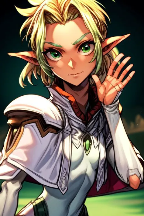 best quality, ultra-detailed, (1girl, solo,fam, blonde hair, (green eyes:1.5), pointy ears, dark skin, dark-skinned female, elf, long pointy ears, tail, Small breasts, Gebler-Uniform, Brutal smile, Narrow eyes), dark background, ng_deepnegative_v1_75t, easynegative