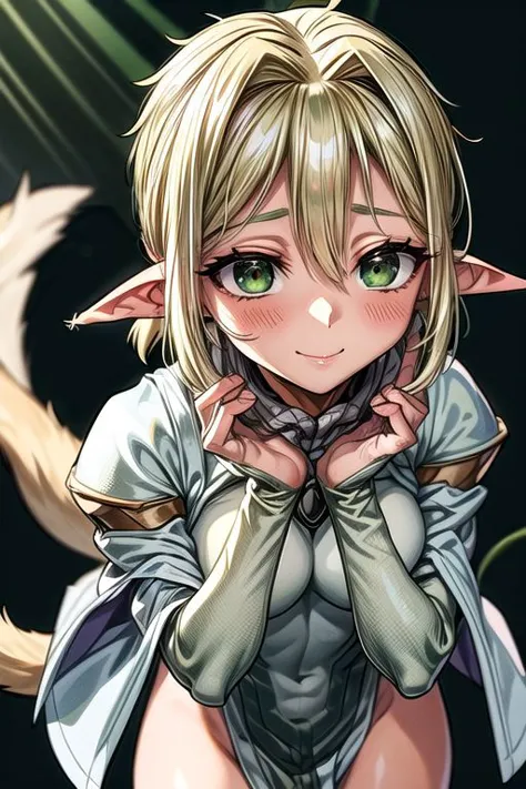 best quality, ultra-detailed, (1girl, solo,fam, blonde hair, (green eyes:1.5), pointy ears, dark skin, dark-skinned female, elf,...