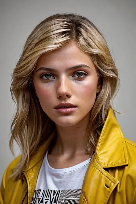 photo of beautiful (jem1mar0b-135:0.99), a woman with perfect hair, wearing Fun Yellow (safari jacket:1.1),  (A modern, minimali...