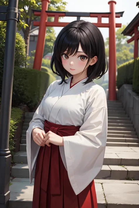 (masterpiece), best quality, high resolution, highly detailed, detailed background, perfect lighting, portrait, 1girl, miko, medium hair, black hair, medium breasts, (red hakama), torii, stone stairs, (head tilt:0.85), matte painting, visually stunning, bokeh, <lora:GoodHands-vanilla:0.7>,<lora:LECO_LessWakiMiko:1>