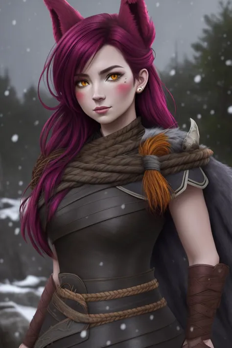 Xayah,old norse female viking clothes, snowy weather, grey sky,  animal ears, yellow eyes, pierced nose, portrait, stunning, hai...