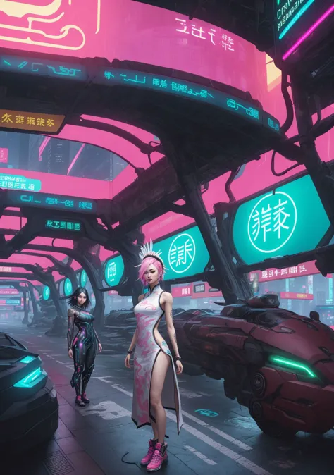 cyber city with neon lights and futuristic women walking in the street