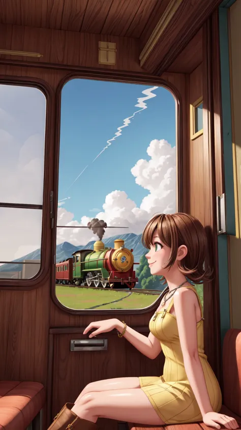 (masterpiece, best quality, 8K),wallpaper,Selphie Tilmitt,necklace,yellow dress,boots,smile,in the steam train,looking out of window,side view,<lora:selphie-nvwls-v1-final:0.9>,<lora:add_detail:1>,<lora:FF8BG:0.4>,ff8bg,