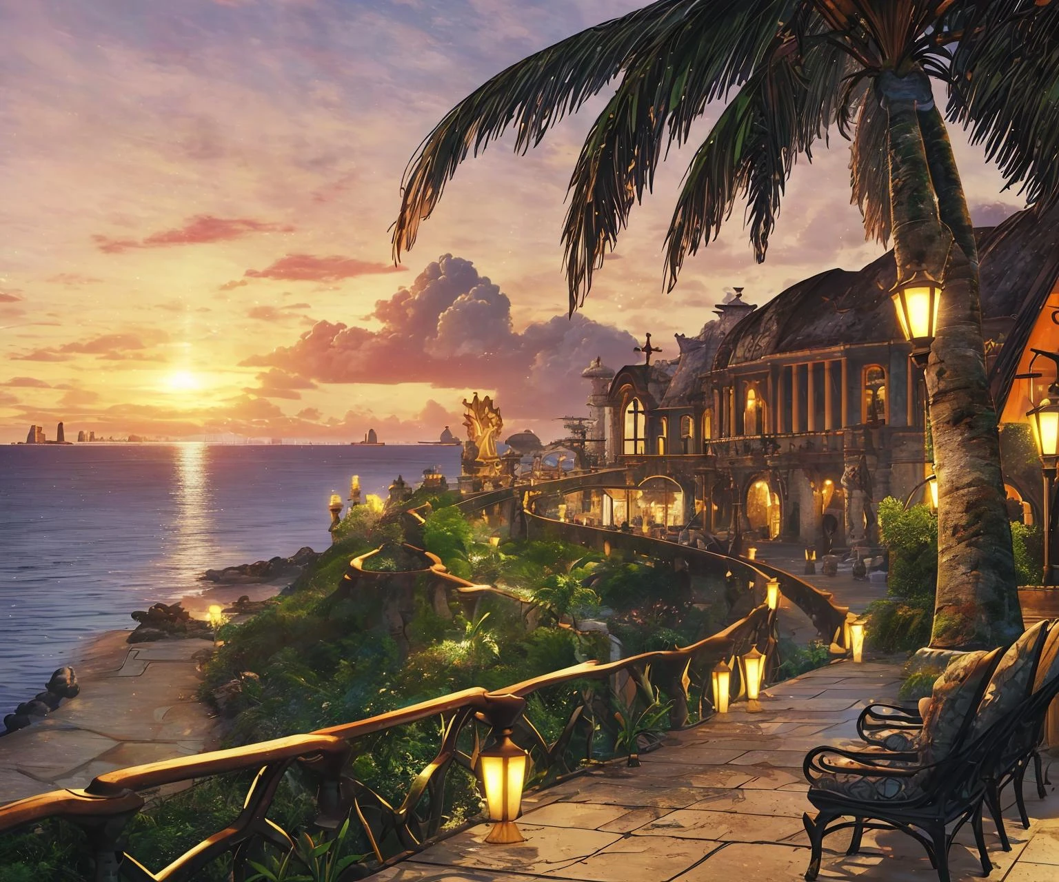 (perfect artwork, masterpiece:1.3), top quality, 8k, digital illustration, (fantasy), sharp focus, inricate, (details), perfect composition ff8bg, no humans, outdoors, building, ocean, seaside village, tropical, architecture, sandstone, volumetric lighting, bloom, (scenery), seabreeze, palm tree, (contemporary), futuristic