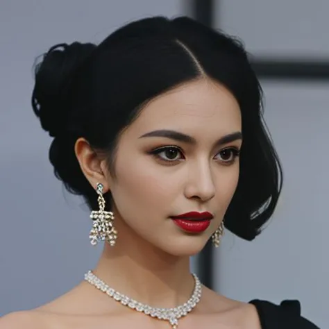 a woman with a black dress and a necklace and earrings