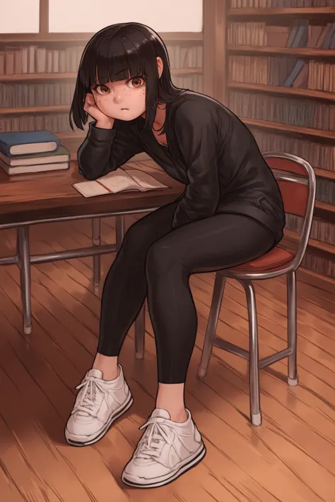 anime girl sitting at a table with a book and a bookcase