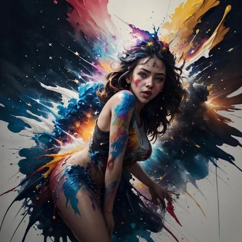 (Masterpiece:1.1), (highest quality:1.1), CG, silhouette of a woman, (explosion of paint:1.3), vibrant rainbow hues, freeze-fram...