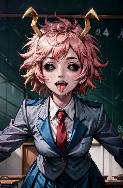 (portrait),1girl, <lora:ashido_mina_v1:0.8> ashidomina, short hair, horns, (colored sclera:1.1), (black sclera:1.2), pink skin, school uniform, red necktie, collared shirt, blazer, grey jacket, long sleeves, pleated skirt, green skirt,standing,(leaning forward),from below,(open mouth),(tongue out),(saliva:1.4),saliva drip,(uvula),(oral invitation),maw,school,classroom,happy expression,smiling,grin widely,masterpiece,extremely detailed CG unity 8k wallpaper, best quality,32k,focus sharp, <lora:coloredSclera-000010:0.8>, <lora:add_detail:0.6>, <lora:Light and Shadow:0.6>