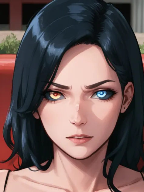 black sclera, heterochromia:0.5, mature female, bench, sitting, park, upper body, black hair, Clay Mann:0.5 <lora:blackSclera-000010:1>