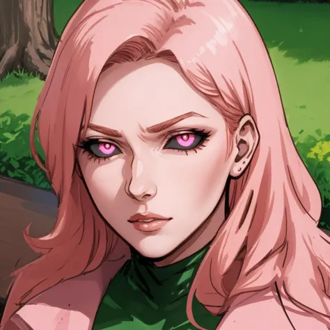 a close up of a woman with pink hair and a green shirt