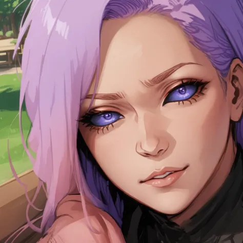 [black sclera:orange sclera:0.5],  (light pink iris), (detailed iris:1.3), mature female, bench, sitting, park, portrait, Clay Mann:0.5 <lora:blackSclera-000010:1>