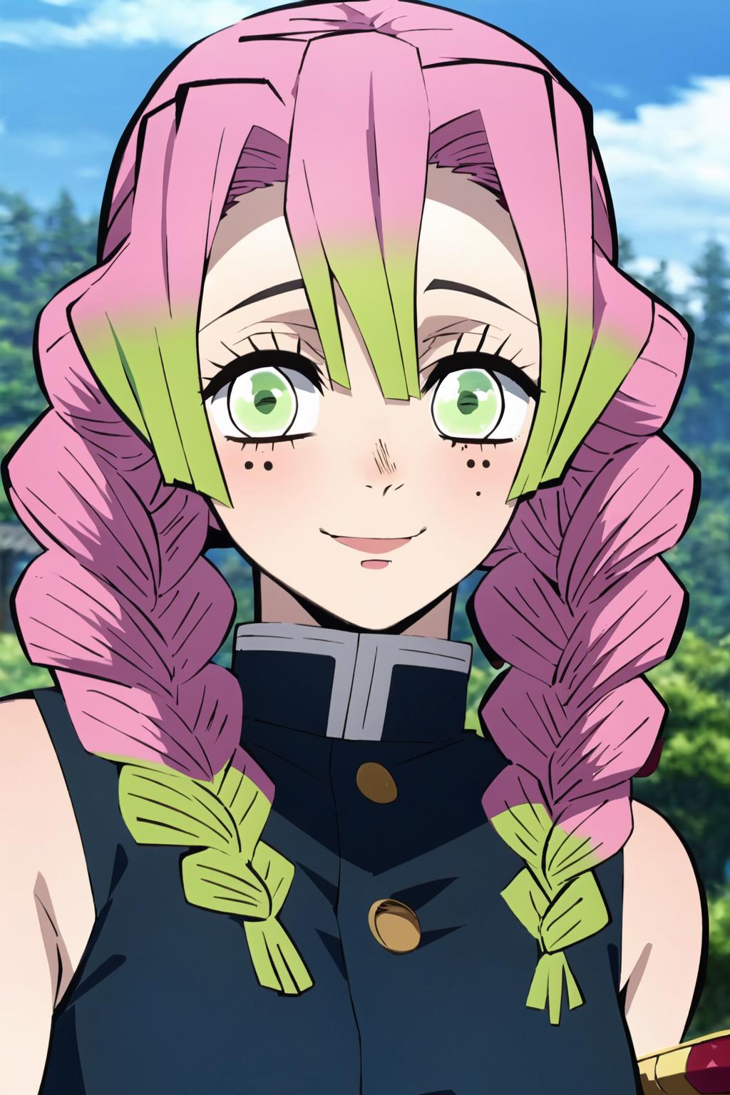 A girl with pink hair and green eyes wearing a black jacket - SeaArt AI