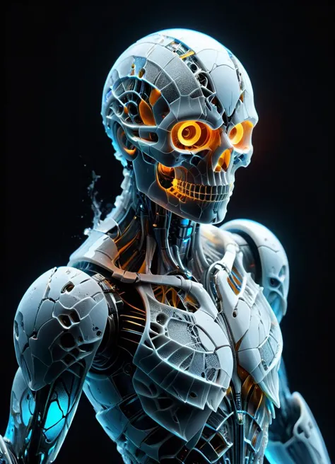 (full body shot:1.5) 3d render, best quality, ultra relic, ultimate detailed, dynamic low angle, half-body shot : stunning charismatic humanoid robot, intricate impressive mechanism opening face, porcelain matte materials, soft colors, expressive eyes, intricate tiniest details, realistic natural textures, high level of reflections  <lora:ral-milkyglass:0.8> ral-milkyglass, leaking blue liquid <lora:epoxy_skull:0.45> epoxy_skull <lora:GCXL_v4_bf16:0.48>, subsurface scattering, Photorealistic, Hyperrealistic, analog style, realistic, film photography, soft lighting, heavy shadow, Ombre color scheme of neon orange, neon pink, neon blue, neon yellow, neon green,