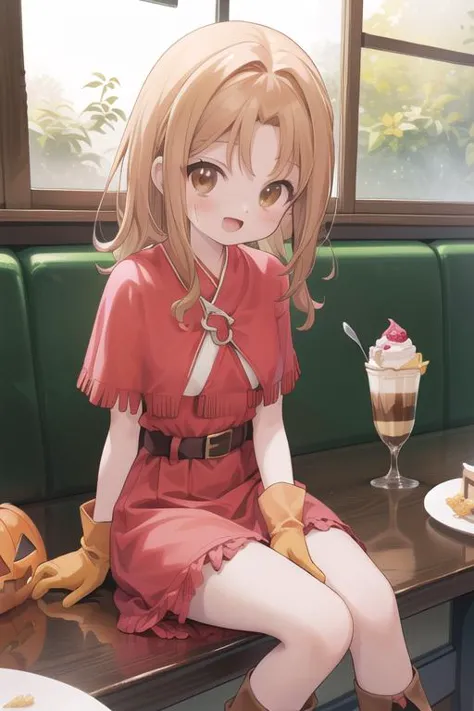 anime girl sitting on a bench with a cup of coffee