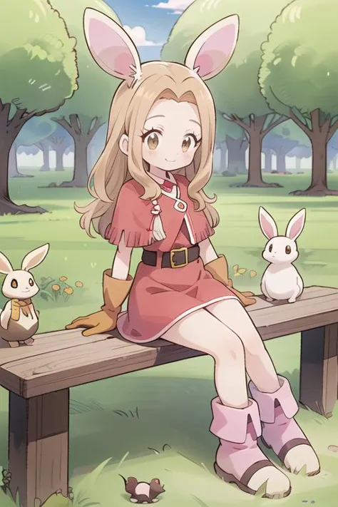 (masterpiece, best quality:1.3), (perfect anatomy, perfect hands, perfect feet), 1girl, solo, (establishing shot:1.3), (beautiful detailed meadow, girl sitting under tree), (surrounded by adorable cute bunny deer squirrels fox birds, fat obese pigeon), detailed beautiful face, (happy smile grin), chiaroscuro, volumetric lighting, volumetric shading, high resolution, extreme detail, MimiDigi, Mimi Tachikawa, (long wavy light brown hair, Face-Framing Bangs, light brown eyes), (a-line Fringe red Dress, small red fringe shawl, wide brown waist belt, leather gloves, socks, boots), (Katsuyoshi Nakatsuru \(style\), Digimon Adventure \(style\), Katsuyoshi Nakatsuru) official style, official art, anime screencap, anime coloring <lora:MimiDigi:0.8>