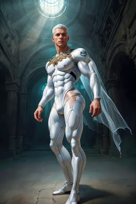 artistic painting of a man, clad in a ((translucent white bodysuit:1.2)), full body, symmetrical, adorned with delicate ornament...