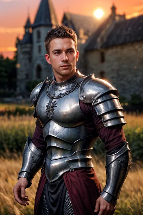 face portrait of a man, the most handsome in the world, (medieval full armor), shiny metal reflections, upper body, outdoors, in...