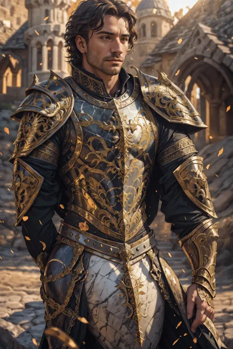 face portrait of a man, wearing (medieval full armor), outdoors, intense sunlight, far away castle, bokeh, depth of field, sunse...