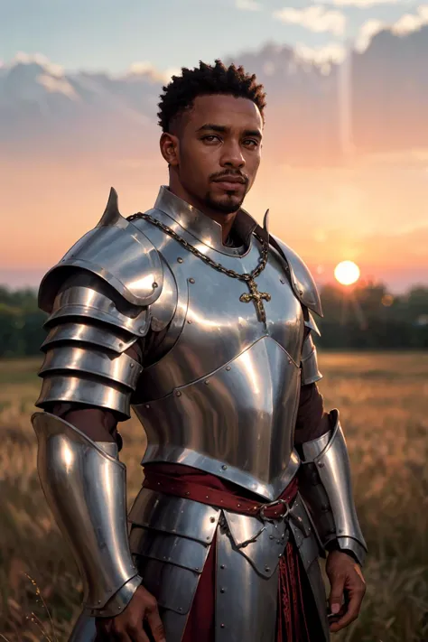 face portrait of an (african man:1.2), (medieval full armor:1.2), shiny metal reflections, upper body, outdoors, intense sunligh...