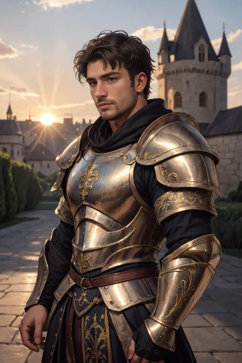 face portrait of a man, face focus, full face, face full on, close up, wearing(medieval full armor), 25 year old, square jaw, outdoors, intense sunlight, far away castle, bokeh, depth of field, sunset, muscular, <lora:Clothing - Gold Black Marble Armor:0.3>marb1e4rmor, marble, masterpiece, best quality, detailed background, intricate details